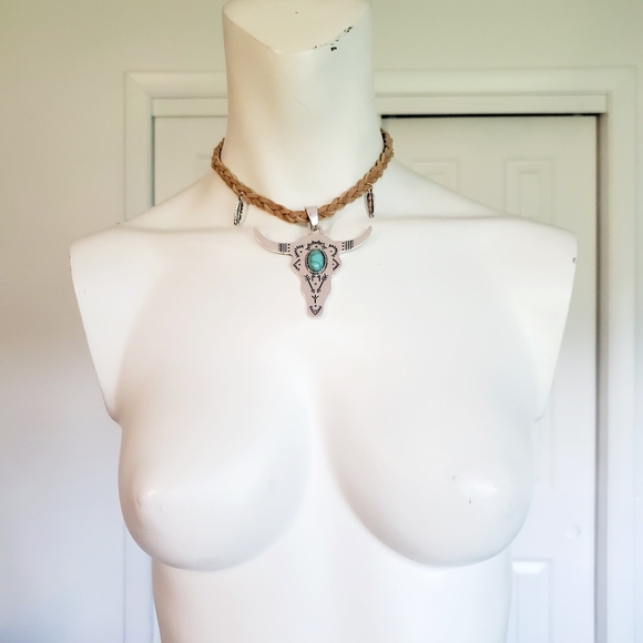 Turquoise Steer Head Western Necklace /choker - Picture 8 of 10